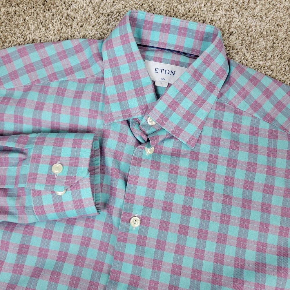 Eton Slim Mens Medium 15.5-39 Blue Purple Plaid Button Down Long Sleeve